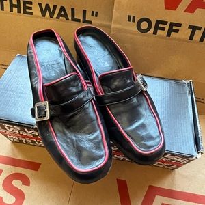 Brighton Black Leather Mules with Red Trim and Silver Buckles